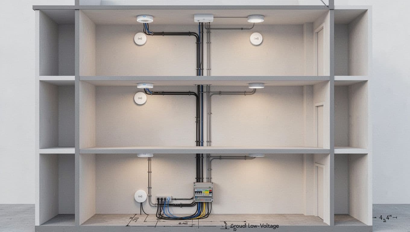 透天厝弱電箱規劃重點,樓層 AP 與監視器佈線這樣做才穩 Diagram depicts cables from ground floor weak current box rising through walls to access points near ceilings on each floor.