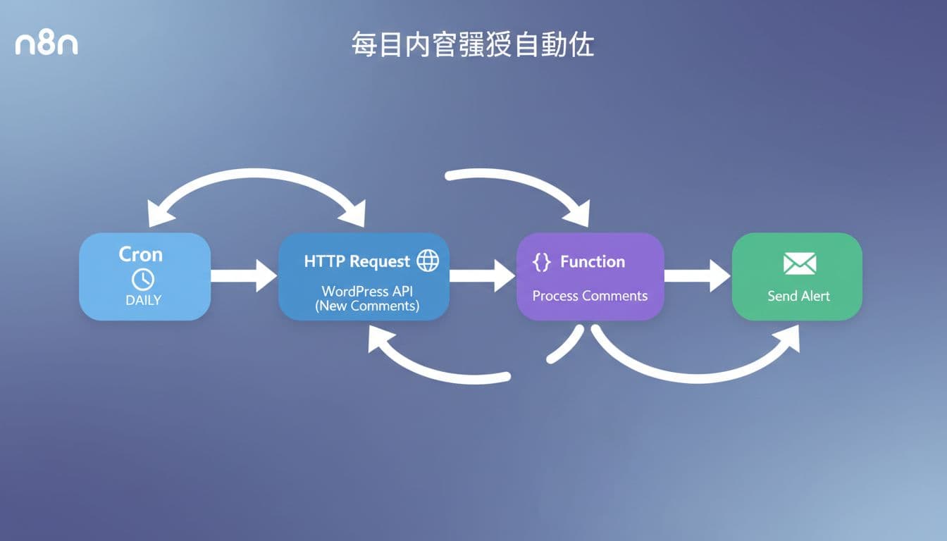 n8n workflow diagram with Cron trigger starting daily, HTTP Request to WordPress API for new comments, Function node processing, and Email node sending alerts. Sequential nodes connected by arrows in clean vector graphic style, landscape orientation.