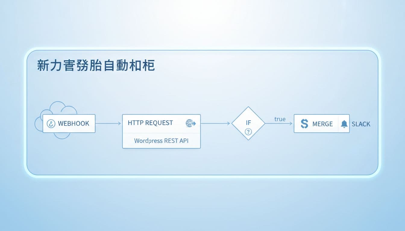 Clean professional diagram of an n8n workflow integrating WordPress via REST API with Slack notifications, showing nodes from Webhook to HTTP Request, IF condition, Merge, and Slack in a simple flowchart with light blue color scheme.