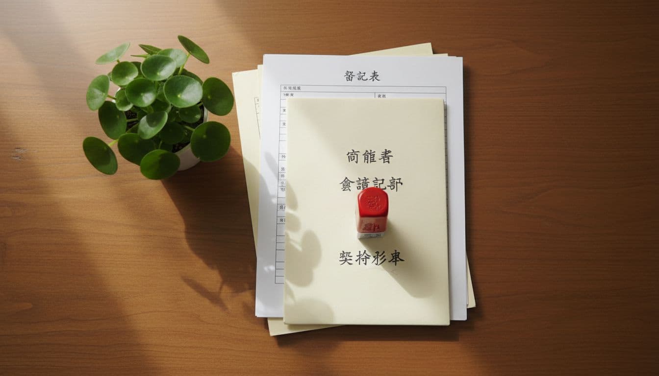 分公司設立常見表單與契約影本整齊擺放示意
