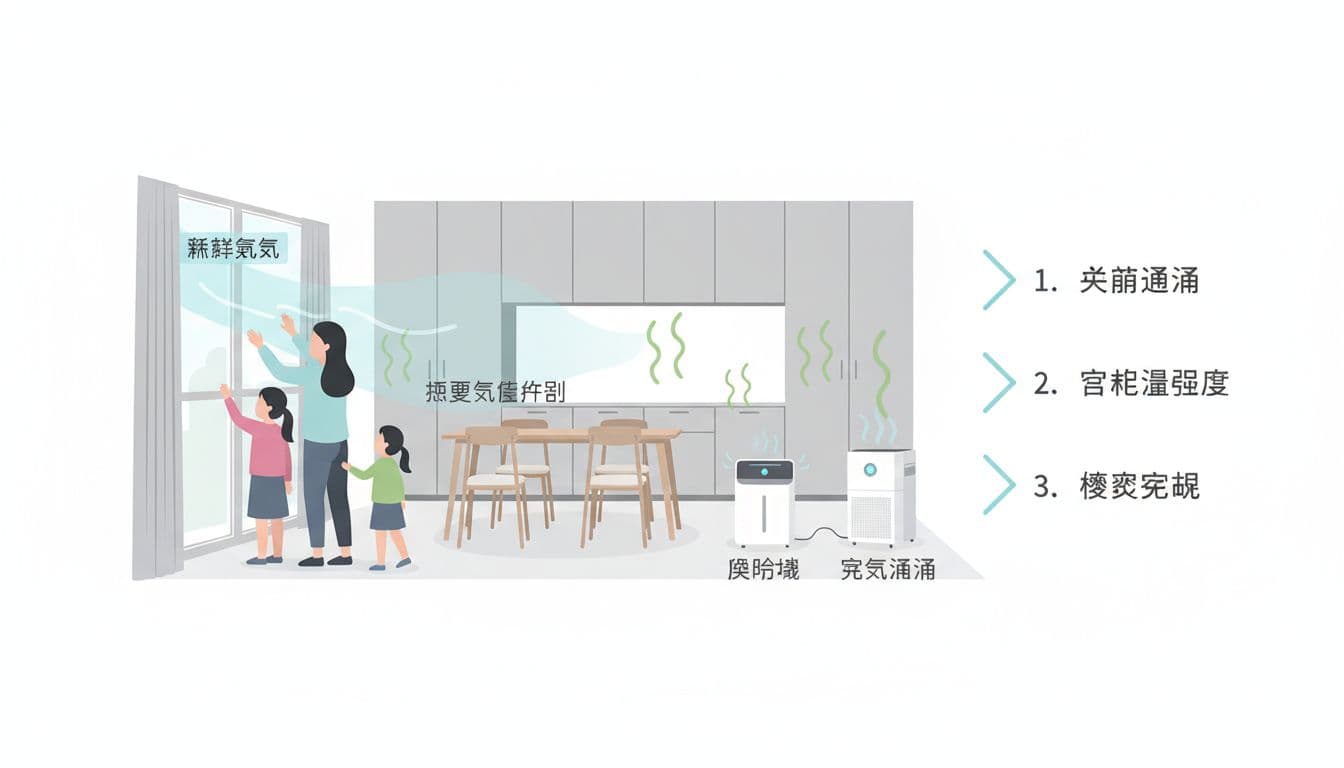 乾淨明亮的扁平化科普插圖，展示新裝修家居開窗通風排出甲醛、輔以除濕機與空氣清淨機，並標示三步驟：開窗通風、控制溫濕度、檢測確認。