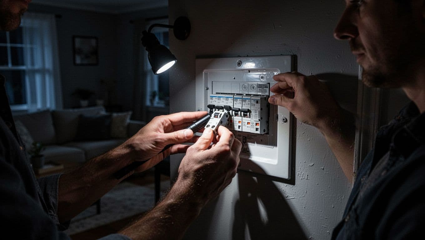 半夜居家水電緊急狀況自救手冊:水管破裂與跳電處理指南 In a pitch-black living room during a power outage, one person uses a flashlight to closely inspect and reset the circuit breaker by pulling it down, hands relaxed on the switch. Realistic close-up on the breaker panel with dark house background.