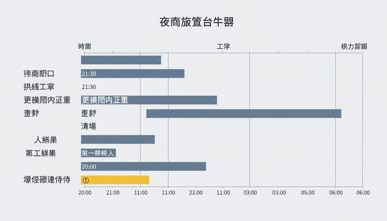 生產線不停機也能施工,工廠水電分段切換與夜間施工安排法 資訊圖表風格的夜間施工安排甘特圖,橫軸顯示晚上8點至隔天6點時間,縱軸列出停電窗口、拉線、更換元件、測試、清場等工序及人力配置,用藍灰色條狀圖表示時間重疊,警示黃色突出緊急應變。