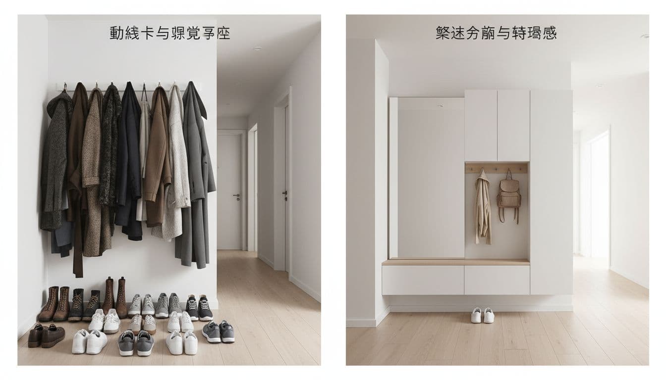 小宅玄關走道掛架凌亂與動線優化示意圖