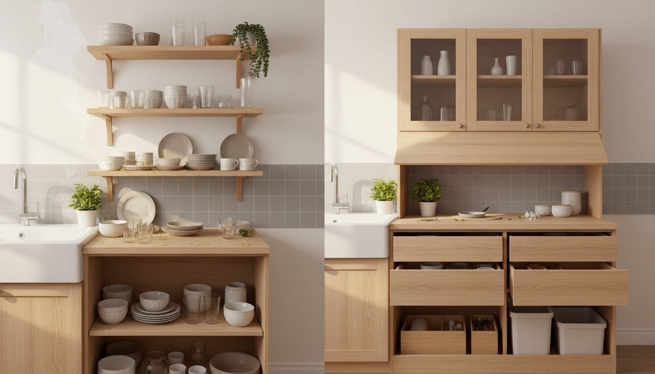 小宅廚房開放層板油煙灰塵與防塵改善示意圖