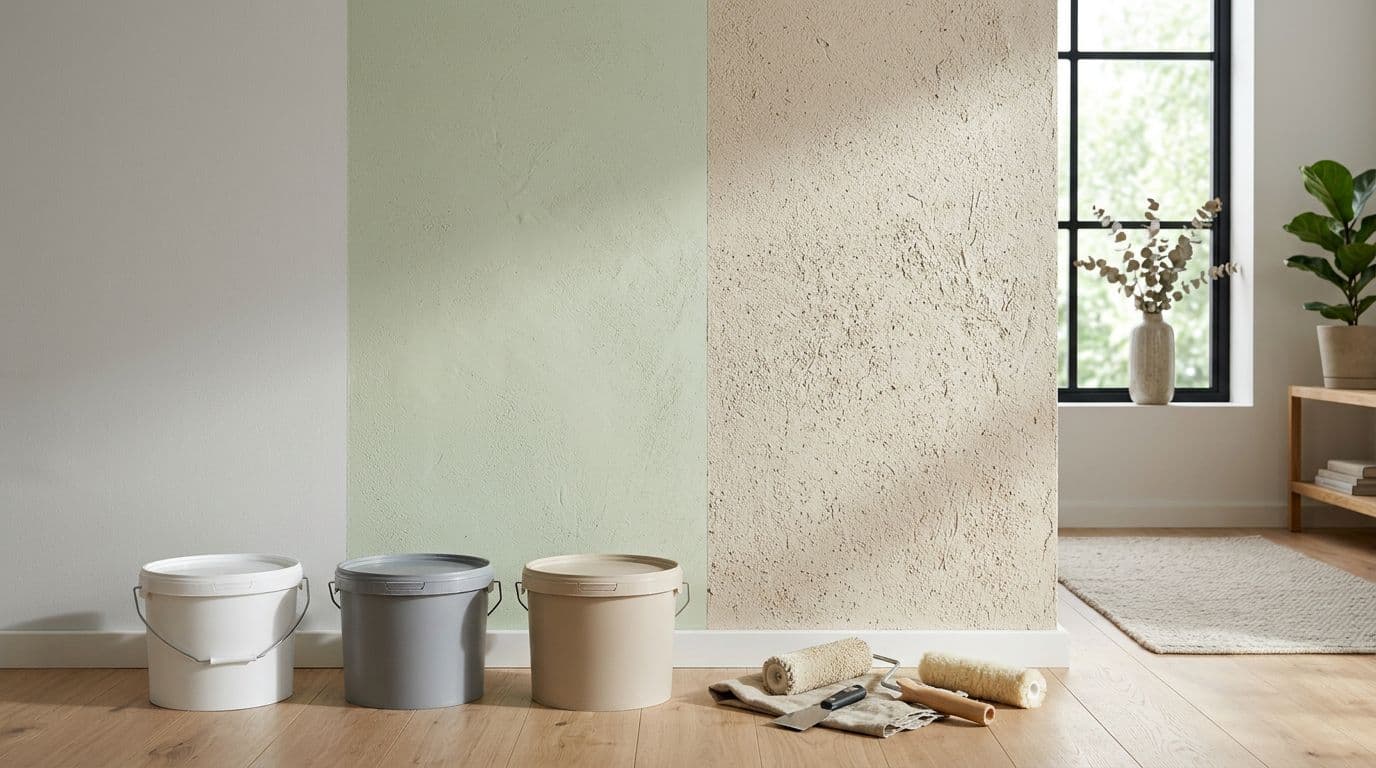 Bright modern Nordic interior showcasing a wall divided into three sections: smooth matte latex paint left, micro-mineral sand texture middle, rough diatomite paint right. Nearby unmarked paint buckets and tools illuminated by slanting light highlighting texture differences in gray-white, light green, beige tones.