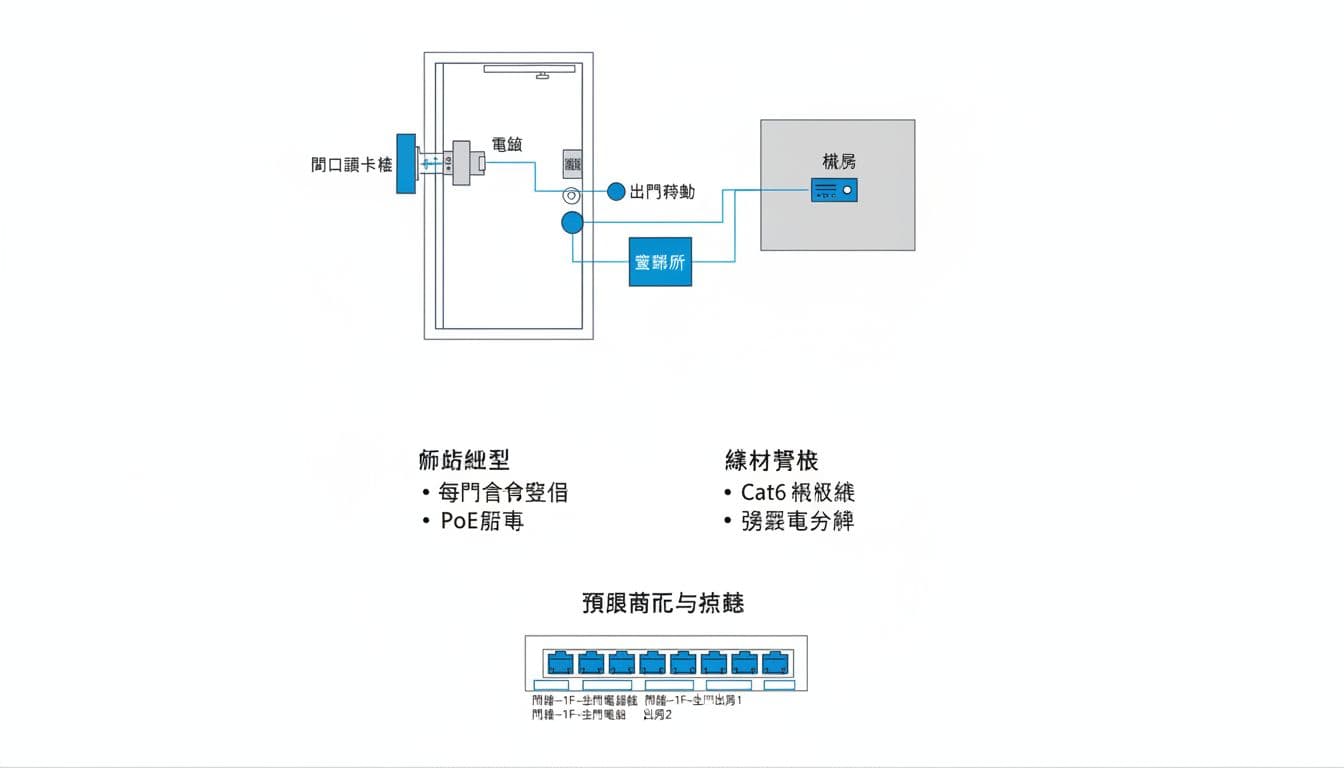 辦公室弱電配線一次做對,網路點位, 會議室, 門禁的佈點規格 簡潔專業的辦公室門禁系統佈點規格圖表,包含平面示意(讀卡機、電鎖、出門按鈕、門磁、控制器連機房)、每門設備細節、PoE供電、Cat6線材規格、強弱電分離及預留端口標籤。藍灰配色、白底橫式、高解析設計,適合工程規範簡報。