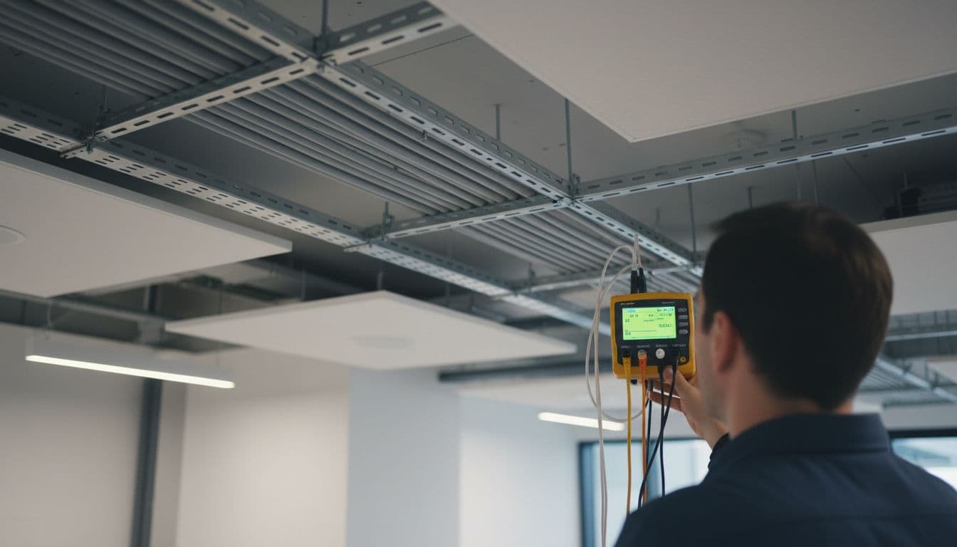 Cat6 network cables neatly routed through conduits in a modern office ceiling, with a Fluke tester connected for verification and a technician observing from behind under soft lighting.