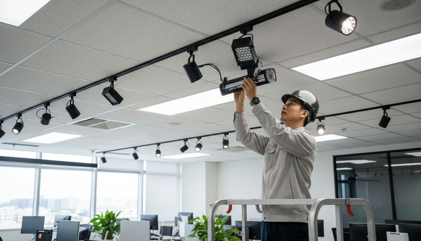 Professional installation of LED track lights combined with diffuse lights on office ceiling, featuring anti-glare panels and indirect lighting to control glare, with a technician adjusting angles in a Taiwan-style office space.