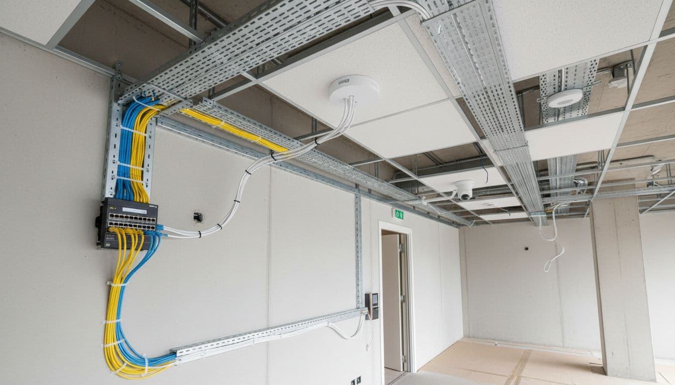 Clean and neat PoE wiring from switch through ceiling and wall cable trays to wireless AP, IP camera, and door access reader in a professional office engineering site. Photorealistic high-resolution image with bright lighting, no people, text, or extra devices, focused on cabling paths.