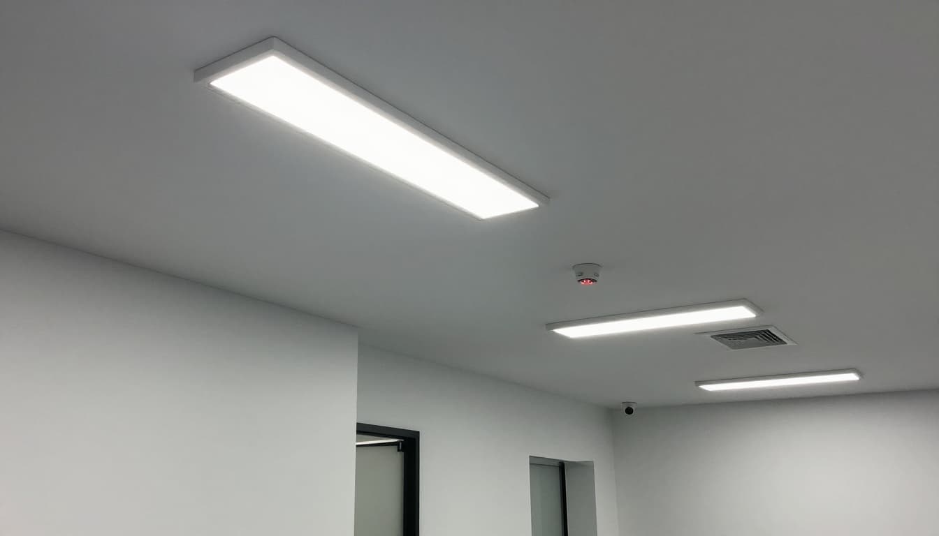 辦公室節能照明怎麼做,才能讓每月電費真的降下來 A smart sensor with infrared or microwave module is cleanly installed on an office ceiling corridor, connected to LED lights, showing clear technical details in a realistic photo style with bright lighting.