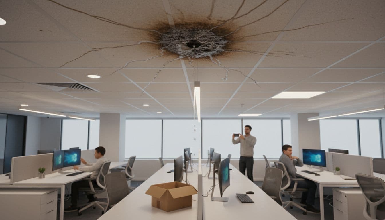 辦公室裝修別只看漂亮:5 個隱藏水電細節決定員工待不待得住 Realistic photo of an office ceiling damaged by a hidden water pipe leak, showing mold growth and water stains with exactly one leak spot. Modern office desks and chairs in the background under soft indoor lighting, no people in foreground.