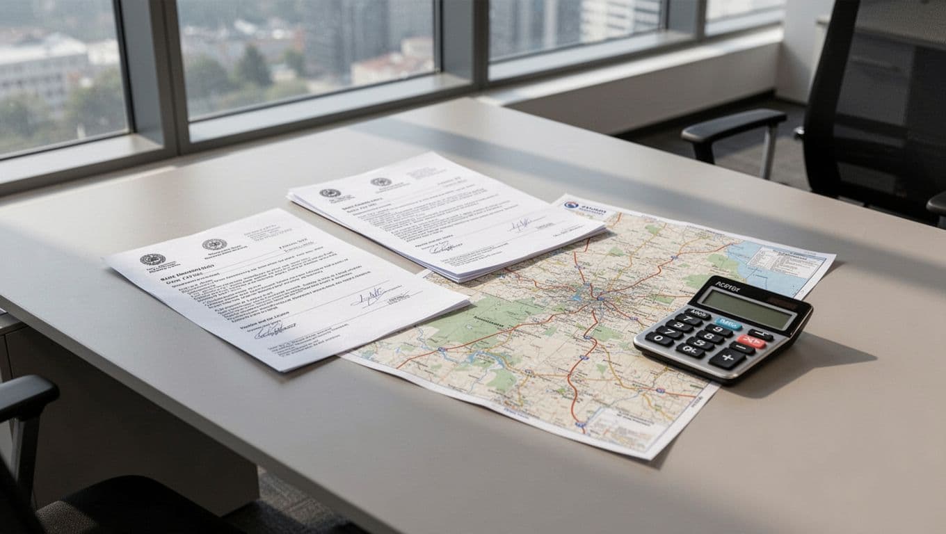 Neatly arranged company registration files, map, calculator, and tax forms on an office desk, creating a professional atmosphere with natural light, empty scene in realistic style.