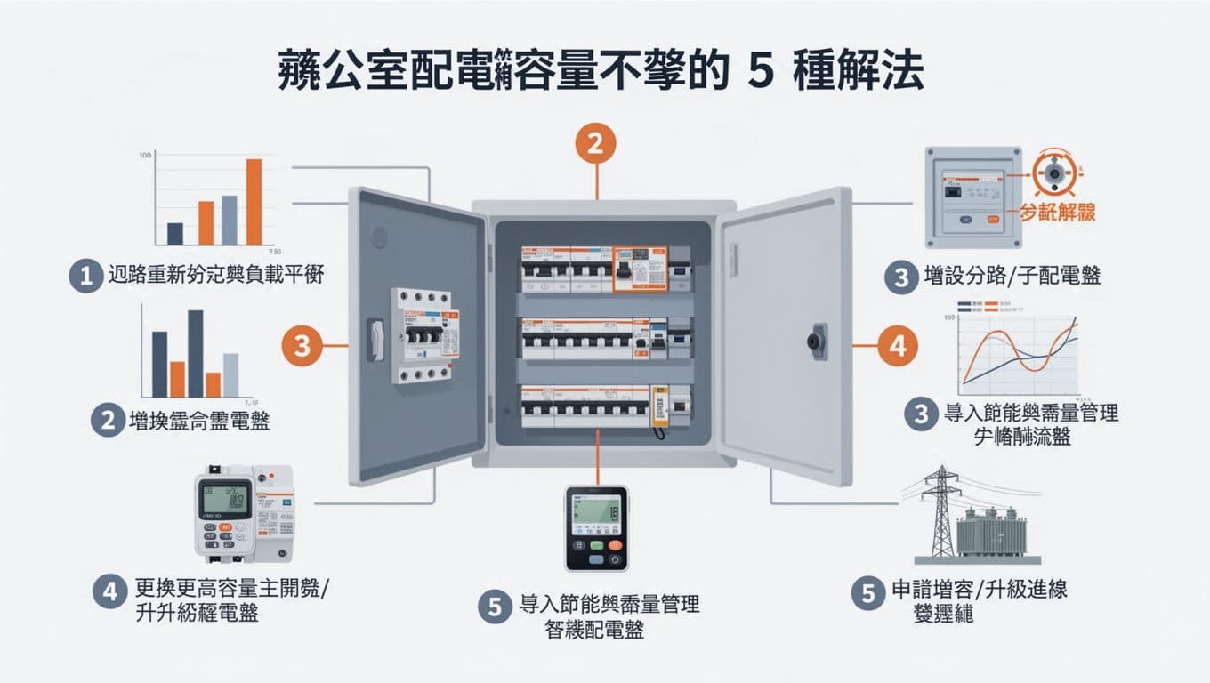 辦公室配電箱容量不夠怎麼辦,我們常用的5種務實解法 扁平向量資訊圖表展示辦公室配電箱容量不足的五種解決方案:迴路重新分配、增設分路、升級主開關、節能管理及申請增容。中央為打開的配電箱,周圍以編號圖示和簡短標籤說明,藍灰白主色調,專業乾淨風格,使用繁體中文。