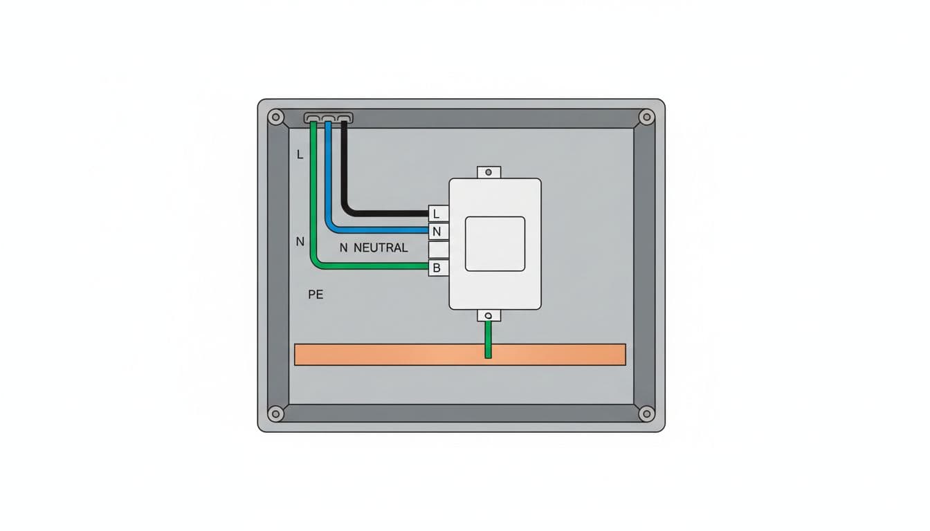辦公室防雷怎麼做?配電盤SPD選型與安裝重點 Schematic illustration of a Type 2 SPD device installed inside an office distribution panel, showing correct wiring to main incoming L, N, PE lines with a short straight grounding wire, in single-line diagram style on clean white background.