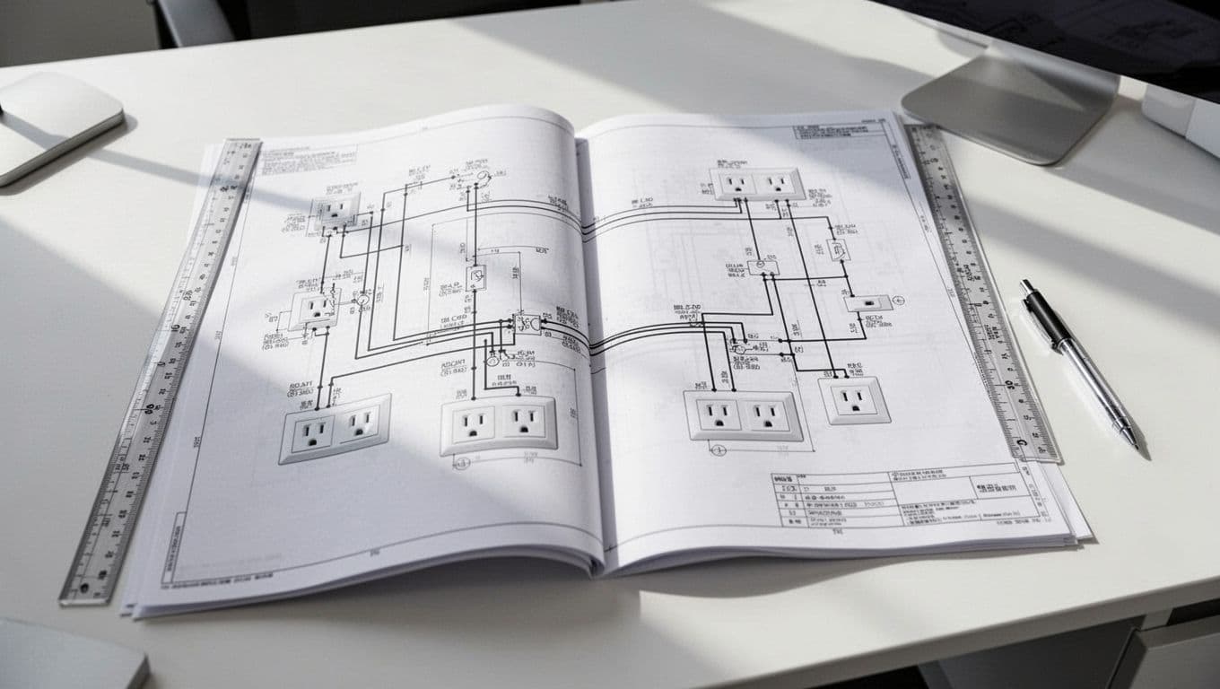 辦公室水電工程招標規格怎麼寫,發包前先列這12項 Unfolded blueprint on desk shows wiring circuits and outlet positions with nearby ruler, compass, and pen.