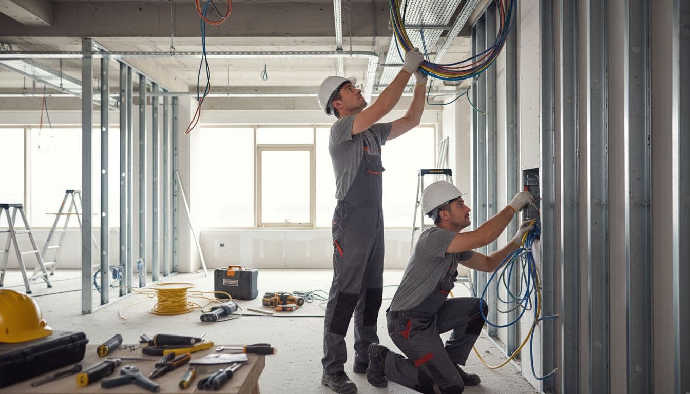 辦公室搬遷水電工程怎麼控進度,專案經理先抓對流程 Two helmeted workers pull electrical wires and secure switch box in semi-finished office with tools on floor.