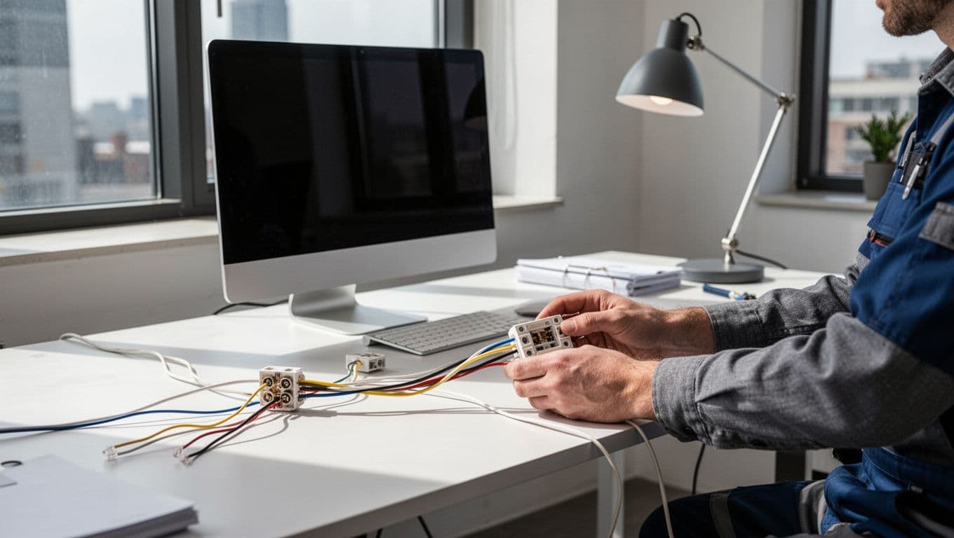 餐廳辦公室節能改造,讓每月電費真的有感下降 A professional technician replaces old electrical wires with new energy-saving circuits in a clean office interior, featuring a desk with computer and lamps under natural daylight in realistic photo style.