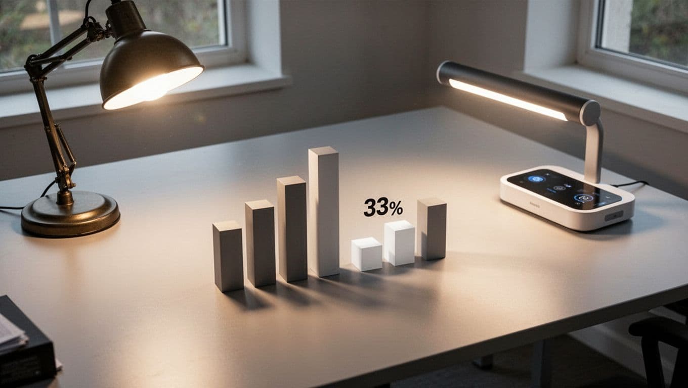 辦公室節能照明怎麼做,才能讓每月電費真的降下來 Bar chart on office desk background comparing traditional lighting high electricity bill (2500 kWh) on the left to energy-saving smart system low bill (1700 kWh) on the right, illustrating 30% monthly reduction in professional style with numbers only.