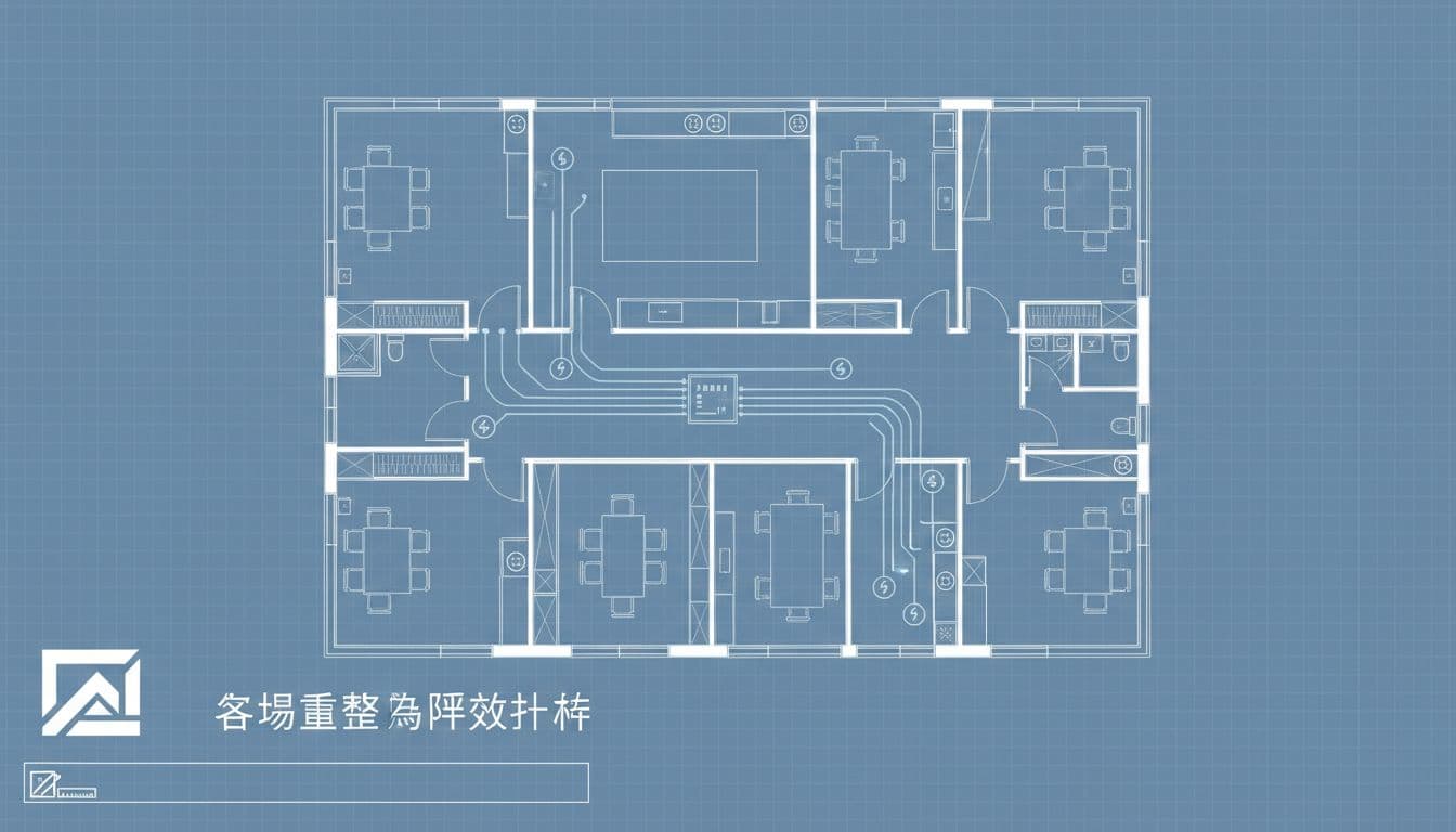 辦公室老屋翻新怎麼做:從電線更新到格局重整把坪效拉回來 Top-down blueprint diagram of an office floor plan with partitioned areas for space efficiency, marked electrical circuits, outlets, and switches in a professional drafting style with clean lines and soft blue tones.