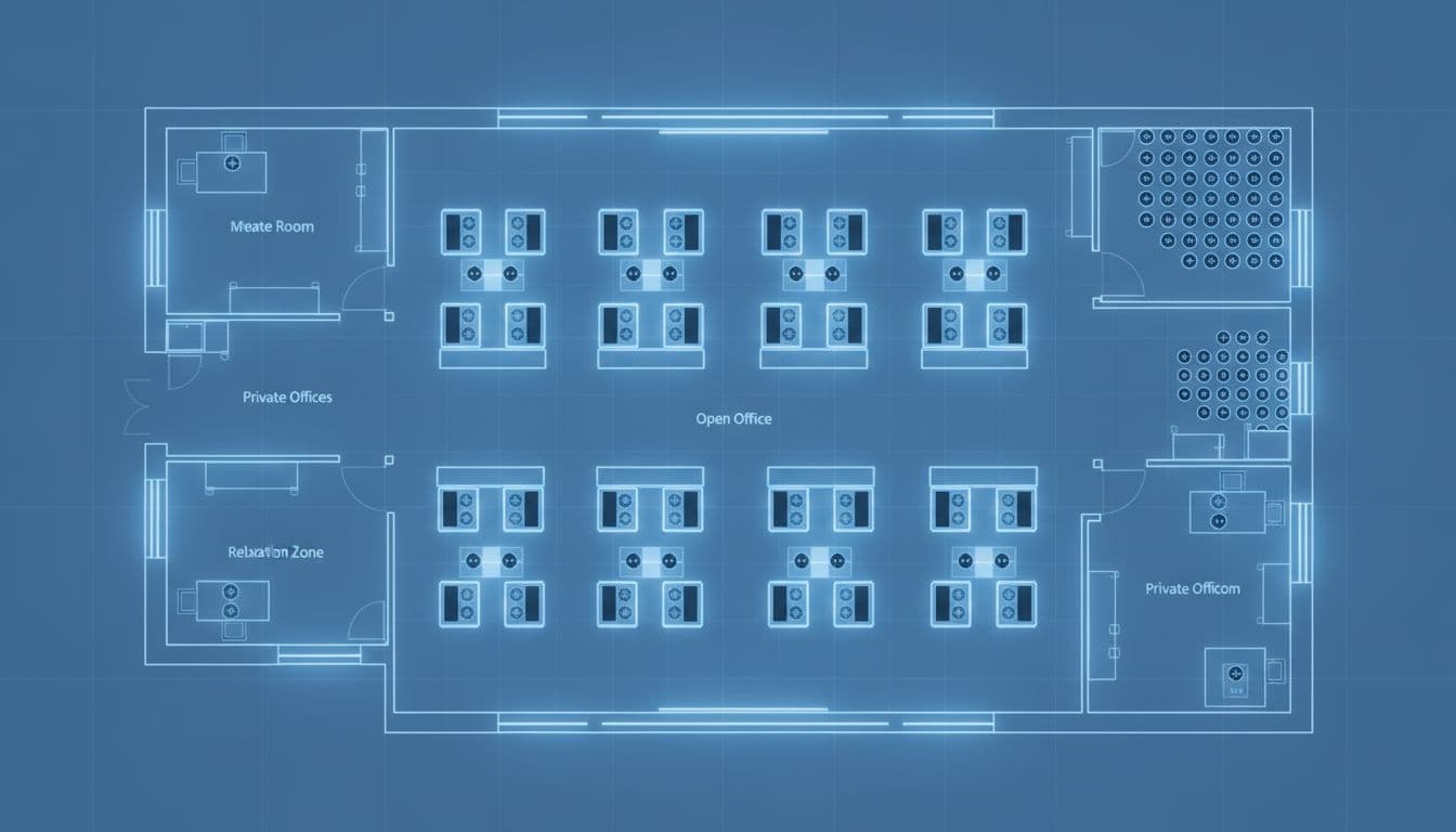 OA地板配電怎麼做才穩,地插密度與弱電分流一次看懂 Diagram illustrates floor socket densities across office zones, with one to two outlets per workstation separating power and data.