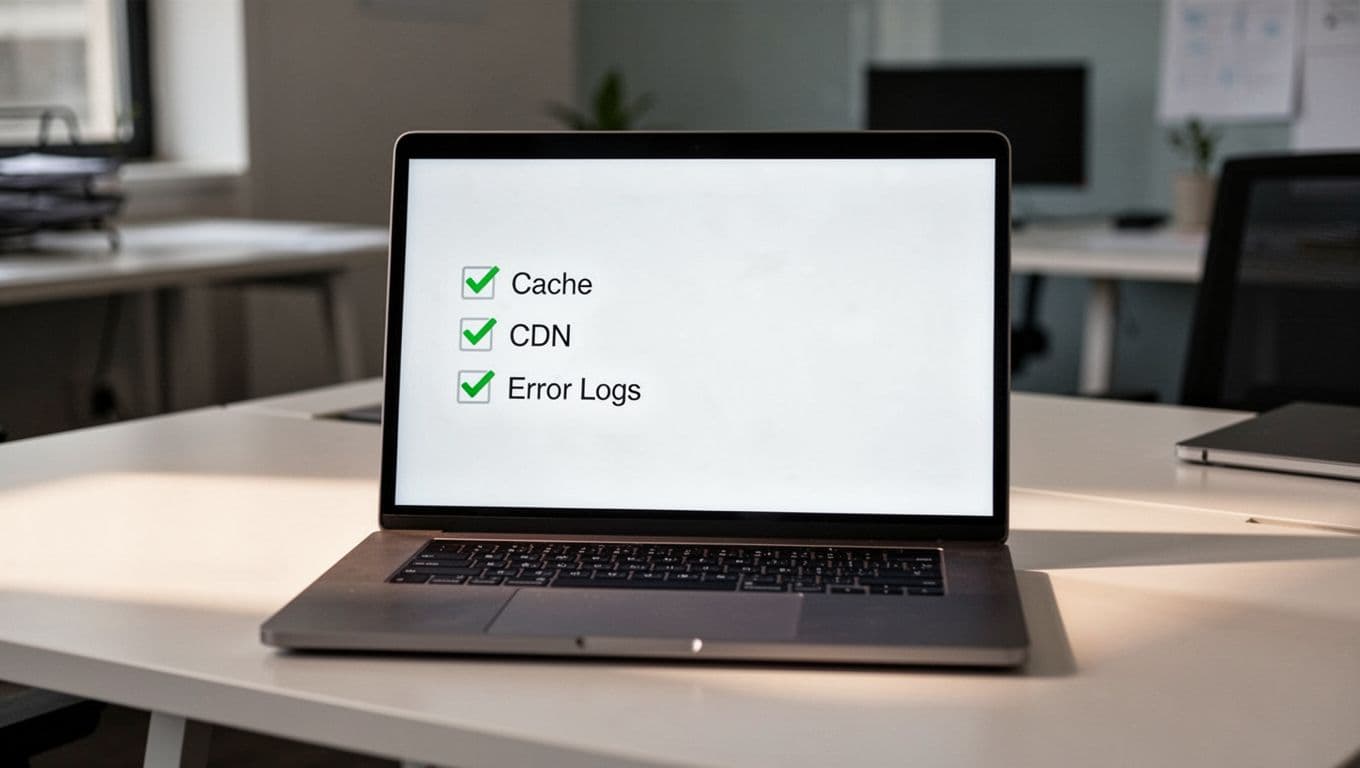 Laptop screen shows checklist table with checked items in office background.
