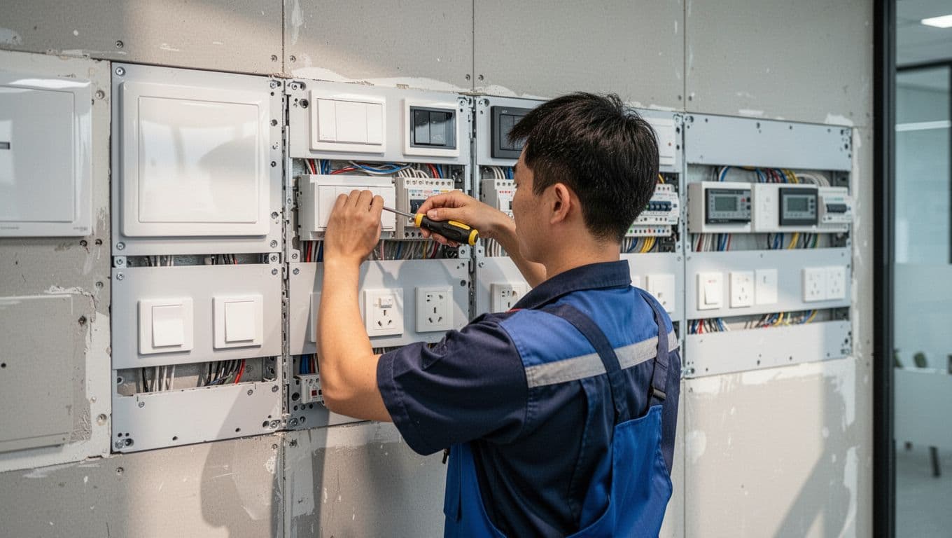 縮短辦公室裝潢工期, 模組化強弱電工程怎麼做才快又穩 Worker screws prefabricated modular panel with switches, sockets, and neat wiring onto office wall.