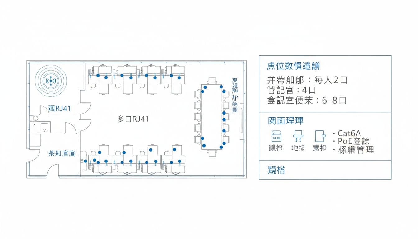 辦公室弱電配線一次做對,網路點位, 會議室, 門禁的佈點規格 辦公室網路佈線規格圖表,包含平面圖示意(工位雙RJ45、會議室多口、AP覆蓋)、點位數量建議(開放辦公每人2口、主管室4口、會議室6-8口)、面板類型(牆插、地插、桌插)及規格(Cat6A、PoE、標籤)。藍灰配色、白底簡潔專業,landscape橫式,高解析無人物照片。