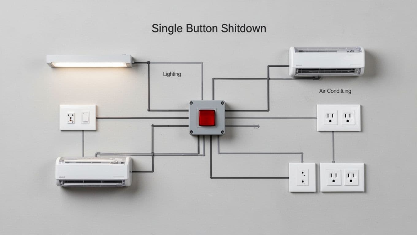 一鍵離場斷電怎麼做,讓老闆不再擔心冷氣沒關 Diagram shows main switch box linked to lights, AC, and outlets with power flow halting at single button labeled 斷電按鈕.