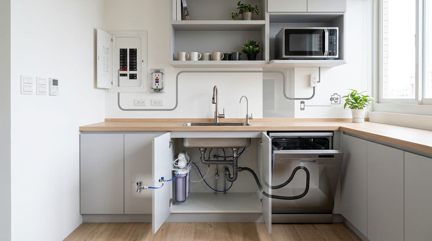 Photorealistic interior design render of an office break room showcasing detailed electrical outlets with breakers, switch box, microwave circuit paths, water purifier connections, and dishwasher drain lines in a semi-transparent cutaway view. Bright natural lighting, neutral white and light gray wood tones, clean composition, landscape orientation.