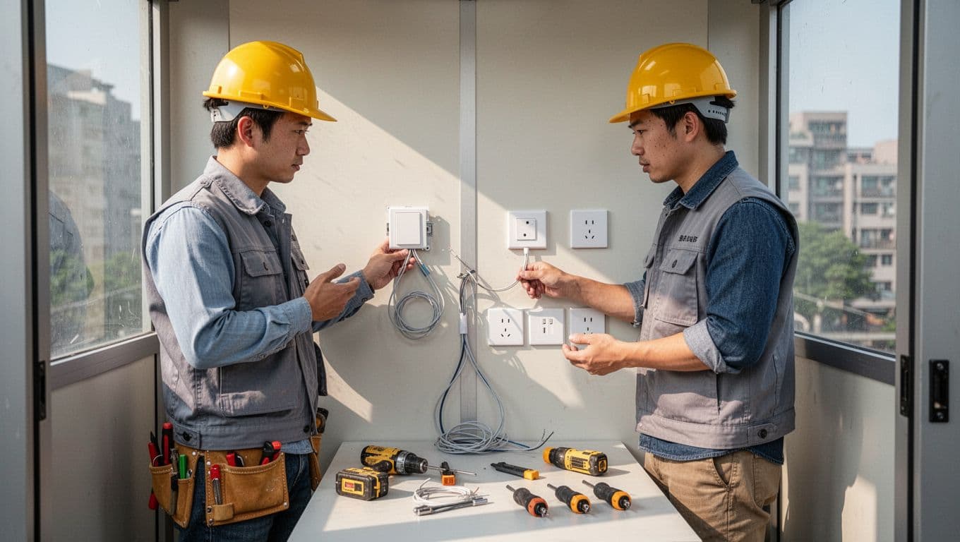 Two workers install switch box, rewire circuits, and configure sockets with USB ports in a clean office phone booth.