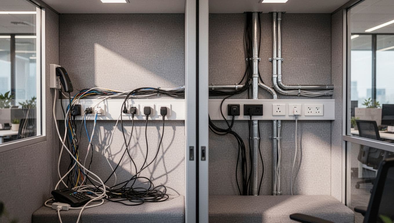 Split image contrasts left-side overloaded wires, insufficient sockets, chaotic pipes with right-side neat conduits and ample outlets.