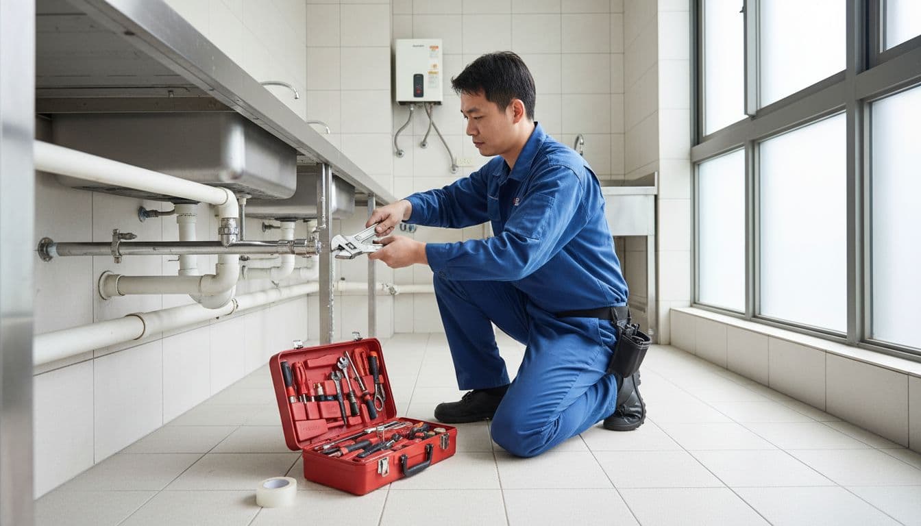 五一連假最適合安排辦公室水電工程,預約前先做這三項 Technician uses wrench to fix leaking pipe in clean office restroom, toolbox nearby.