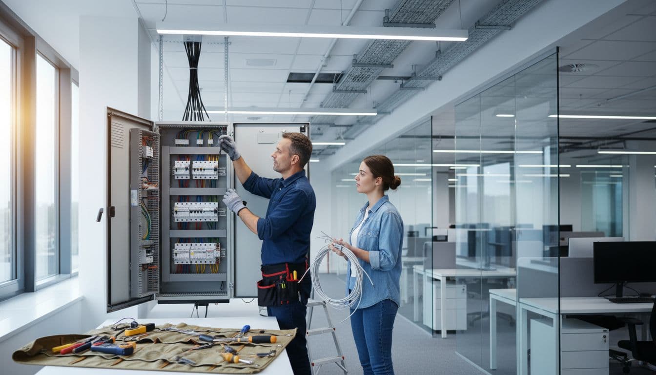 辦公室智能照明怎麼升級,才能真正拉高員工生產力 Two electricians check switch box, wiring, and install LED lights in modern office.