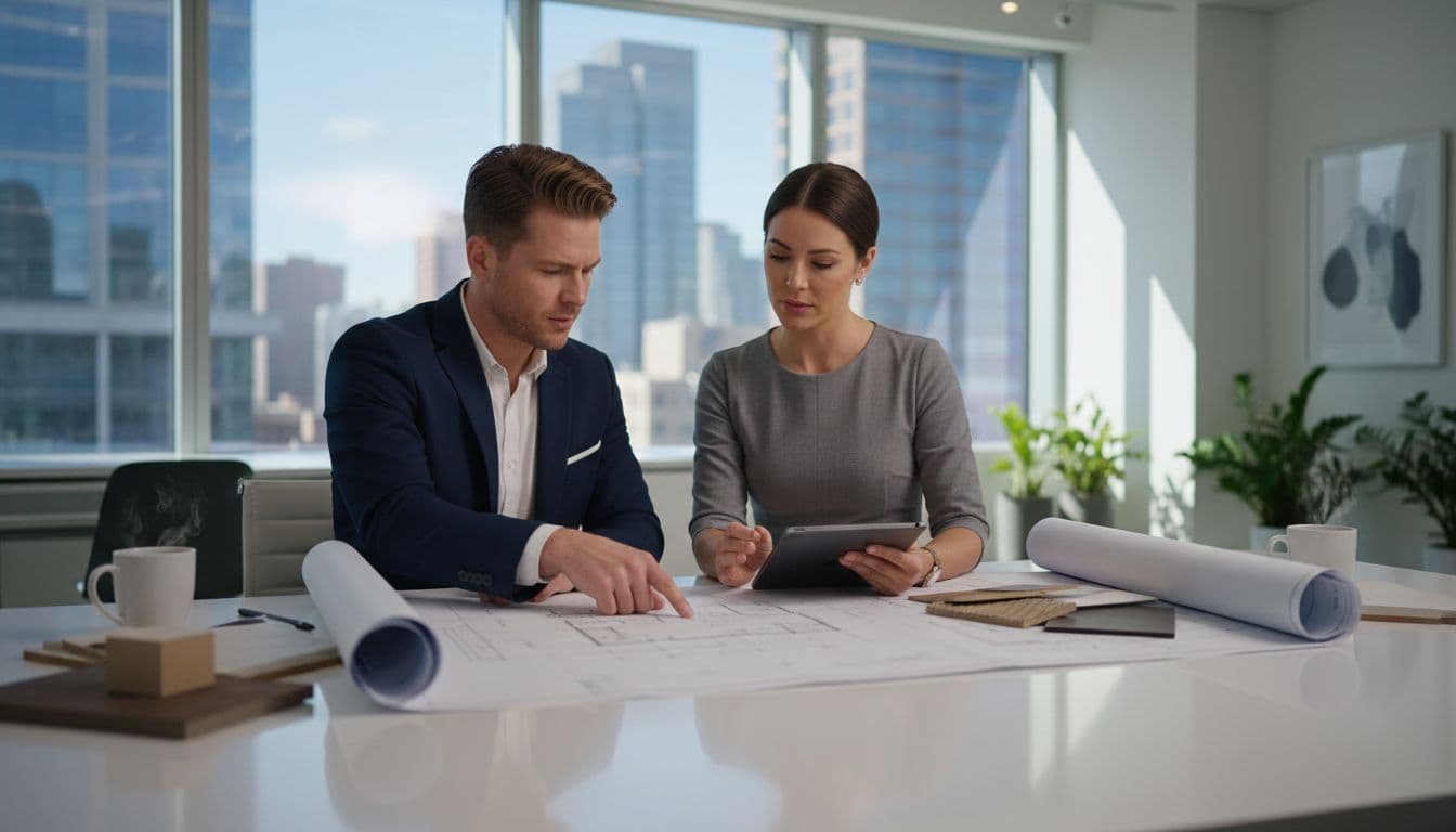 Two professionals at a table in a modern office examine blueprints and materials.