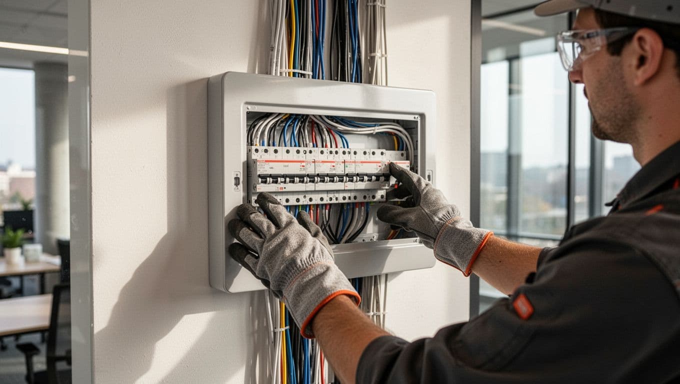 RCBO 與漏電斷路器怎麼選,住家、店面、辦公室差在哪 Gloved worker checks multiple RCBOs in office switch box with neat wires and modern background.
