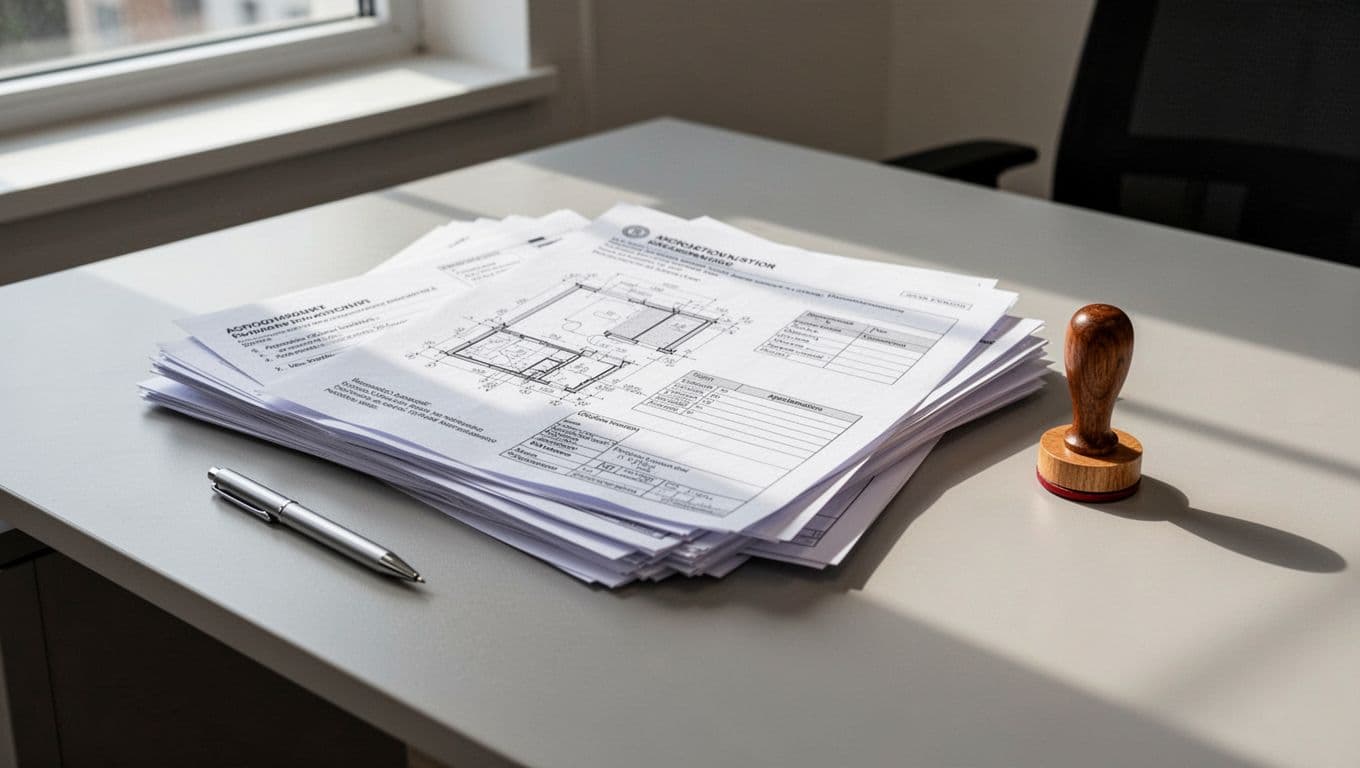 Stack of commercial office building renovation documents including architectural drawings and application forms piled on a clean office desk, with pen and seal nearby in a professional setting, realistic photography with natural light.