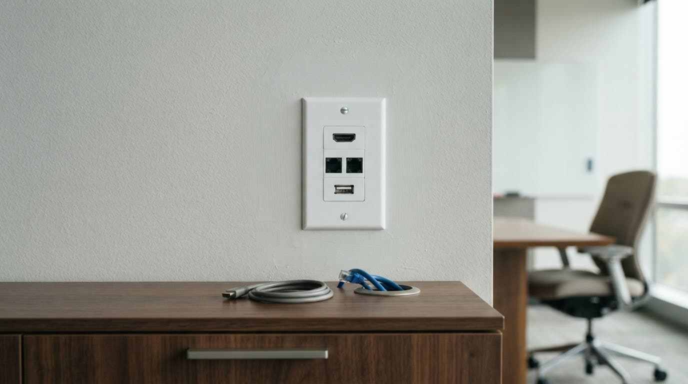 辦公室投影機配線怎麼預留?HDMI、網路與吊架電源一次做對 裝有HDMI與網路連接埠的白色辦公室牆面面板。