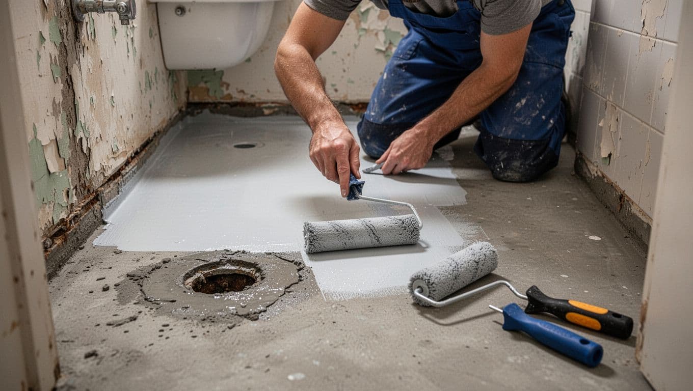 A construction worker applies waterproof coating to the cement base of a small bathroom floor in a typical old house, with nearby leak repair areas and tools like roller brushes under soft indoor lighting, realistic photography style.