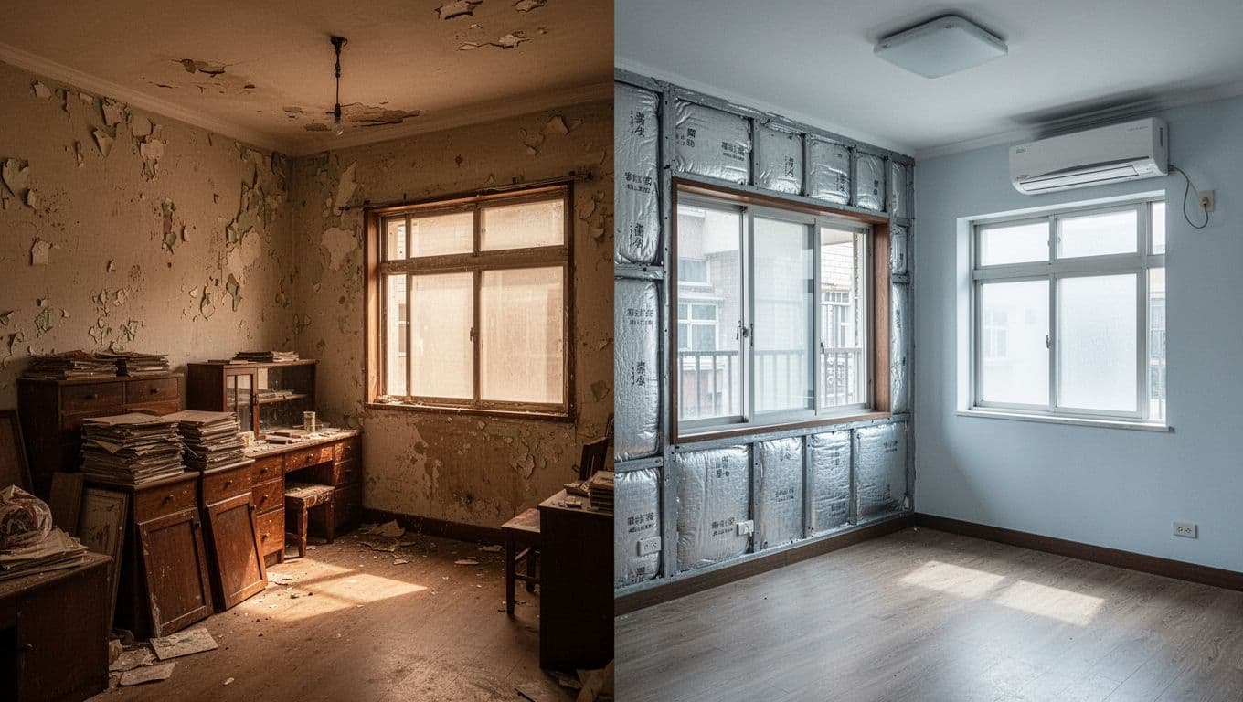 Split image shows dim cluttered old room with peeling walls on left, bright renovated room with insulated walls, new windows, and AC on right.