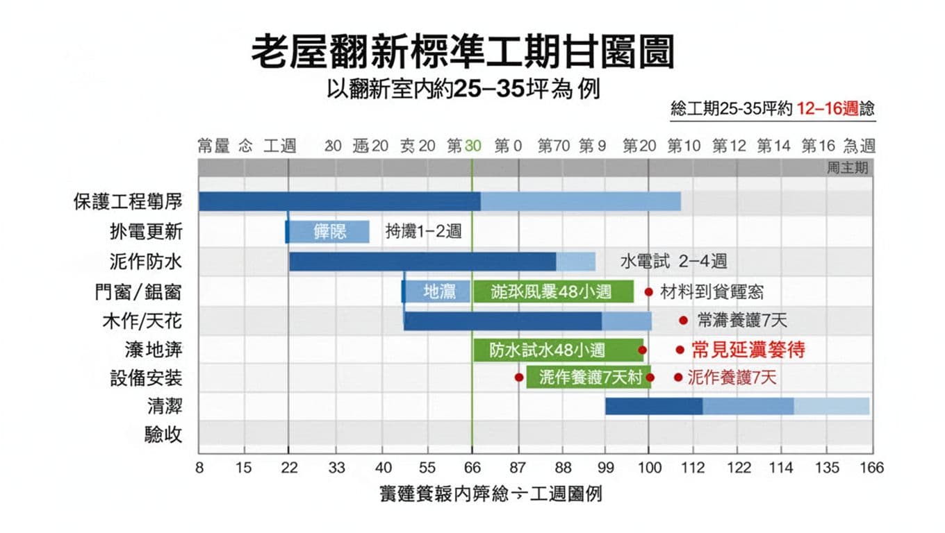 專業資訊圖展示老屋室內翻新25–35坪標準工期，以週為單位呈現甘特圖，包括保護工程、拆除、水電更新等工序藍色工期條、綠色里程碑及紅色延遲點，總工期約12–16週。乾淨白底設計，繁體中文清晰可讀，適用建築室內設計文章。