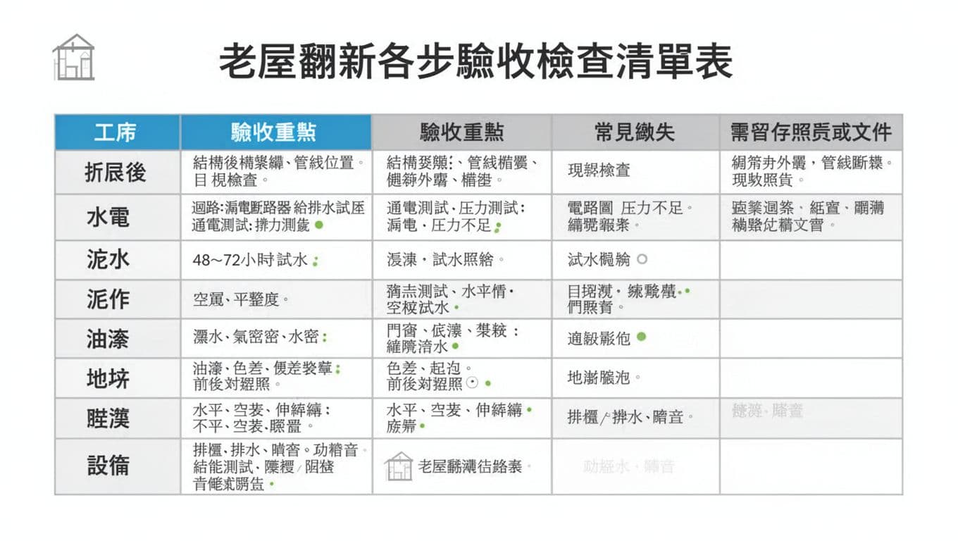 專業資訊圖表格呈現老屋翻新工程各階段驗收檢查清單，包括工序、驗收重點、測試方法、常見缺失及需留存文件，至少8項細節，以綠勾合格、紅X不合格標示。乾淨白底、灰黑線條藍綠重點色，繁體中文清晰可讀，landscape矢量風格。