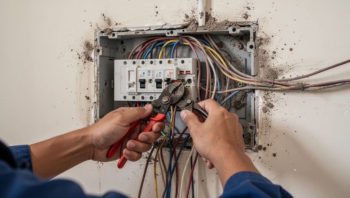 老屋水電翻新指南:防漏保險與電線抽換檢核要點 Inside an old house living room switch box, hands use wire stripping pliers to replace old wires with new ones pulled neatly into conduits, against a dusty wall with wire remnants, in realistic photo style with soft indoor lighting.