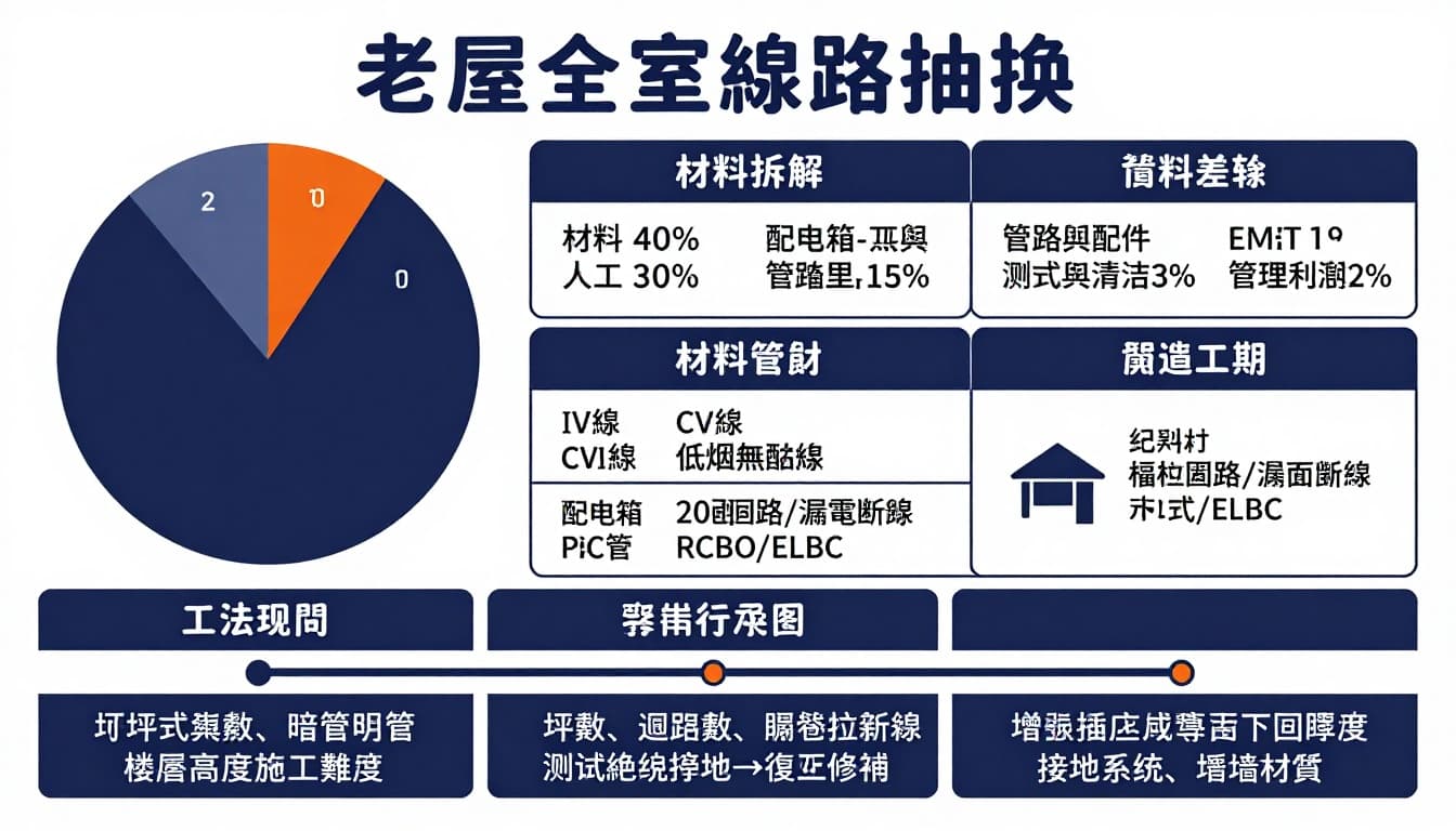 老屋全室線路抽換費用怎麼抓,材料差異, 工法, 工期與報價拆解 這是一張針對老屋全室線路抽換的資訊圖表,涵蓋費用拆解圓餅圖、材料比較表、工法流程時間軸,以及影響報價的因素清單。採用乾淨扁平向量設計,以白底、深藍與橘色為主調,強調可讀性與工程感。