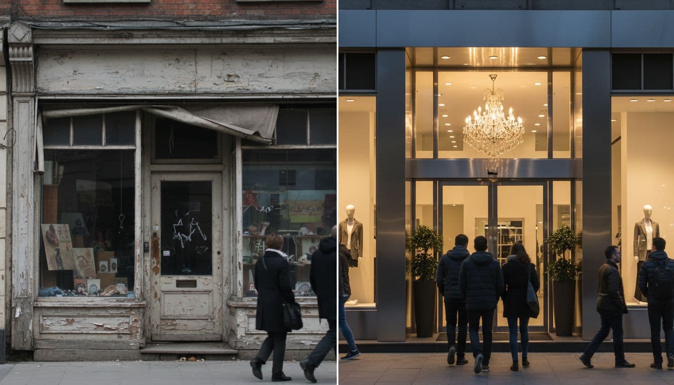 Split-view realistic photo contrasting a dark, dilapidated old shop front on the left with a bright, modern metal-glass facade and crystal chandelier-lit entrance on the right, showing pedestrians shifting from passing by to entering amid day-to-night lighting changes.