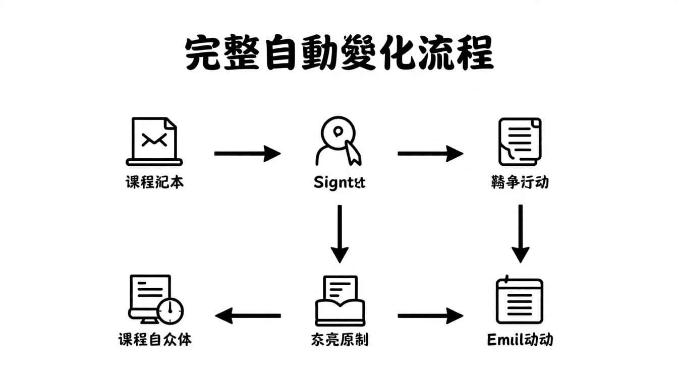 Minimal flat design workflow diagram showing online course sales funnel stages: visitor to signup, payment, access granted, and email automation, with five simple icons connected by arrows on a white background.