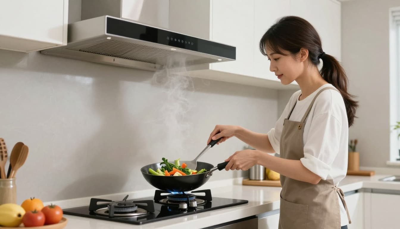In a bright modern Taiwanese open kitchen, a middle-aged female chef stir-fries vegetables on a gas stove using a wok and spatula, with a powerful downdraft range hood effectively sucking up the rising oil smoke. The background features an island bar counter, captured in realistic high-detail photography.
