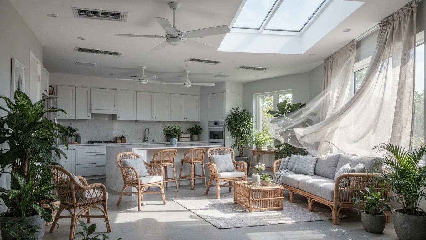 Open-plan kitchen-living area in white and light gray with rattan furniture, plants, skylight, vents, fans, and moving curtains.