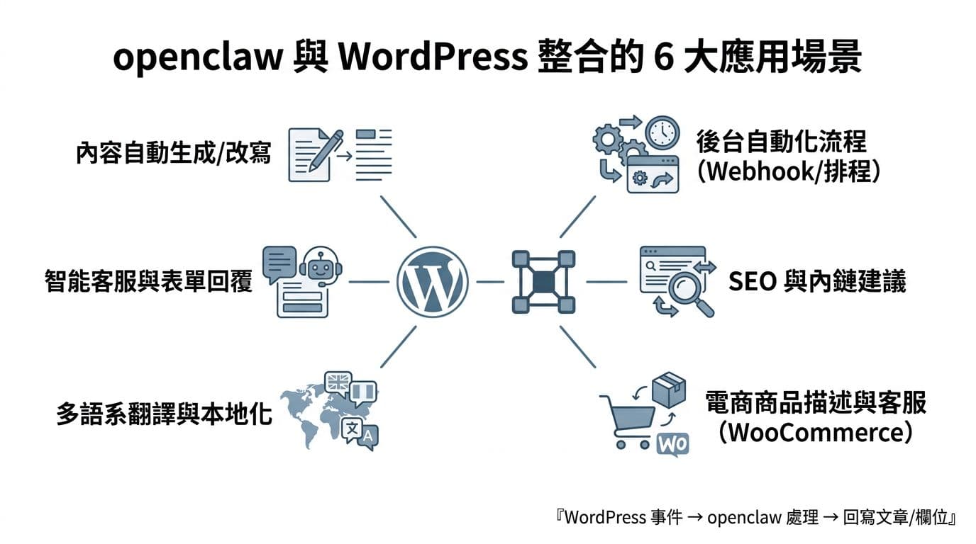 openclaw WordPress 整合:6 大應用場景,讓網站變成可執行的營運工具 A clean, flat vector infographic on a white background with blue-gray tones, featuring a central WordPress logo connected to an openclaw icon, radiating out to six scenario blocks with icons and Chinese titles: content auto-generation, intelligent customer service, SEO suggestions, WooCommerce e-commerce, multi-language translation, and backend automation, plus a bottom-right workflow arrow.