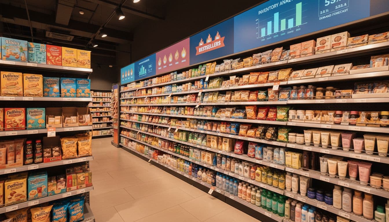 Neatly arranged products on retail store shelves, background featuring hot-selling product labels and inventory charts under warm store lighting. Wide-angle realistic photography style with no people, text, or watermarks.